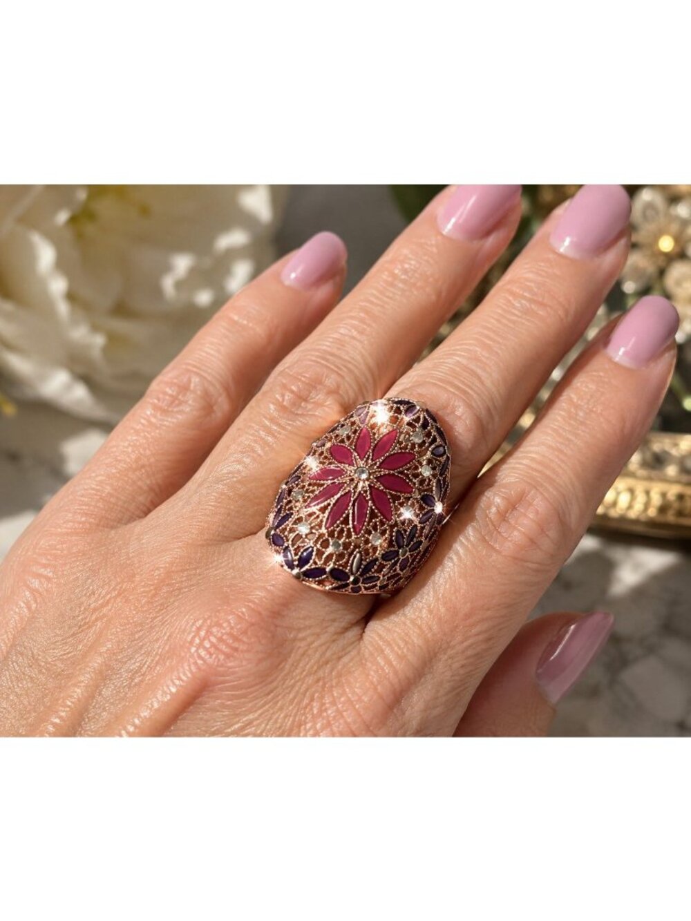 Dyadema Italy 925 Sterling Silver Rose Gold Vermeil Filigree Enamel Flower Ring